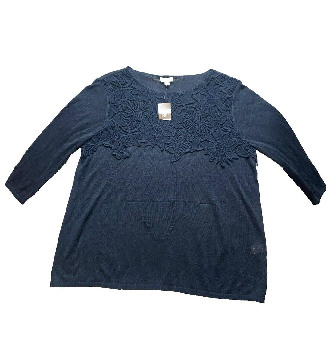 J Jill Shirt Womens Large Deep Blue Crochet Embroidered Boho Blouse Linen NWT