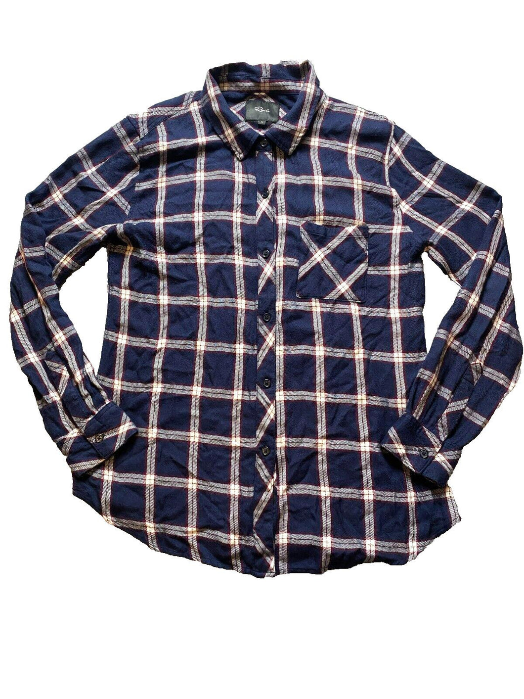 Rails Shirt Womens Medium Button Up Collared Rayon Plaid Navy Blue Blouse Ladies