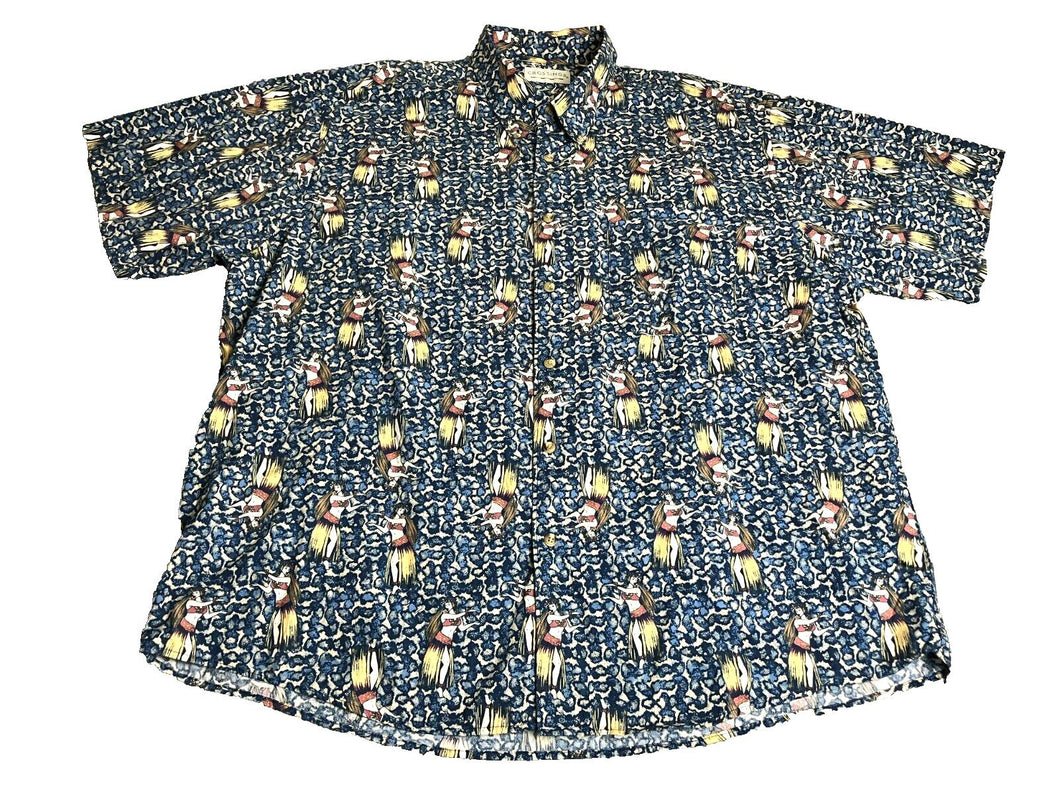 Hula Girl Shirt Adult 2XL XXL Blue Geometric Aloha Hawaiian Crossings AOP Mens
