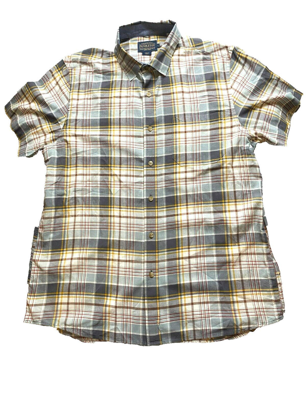 Pendleton Shirt Adult Large Gray Gold Plaid Woolen Mills Button Up Casual Mens