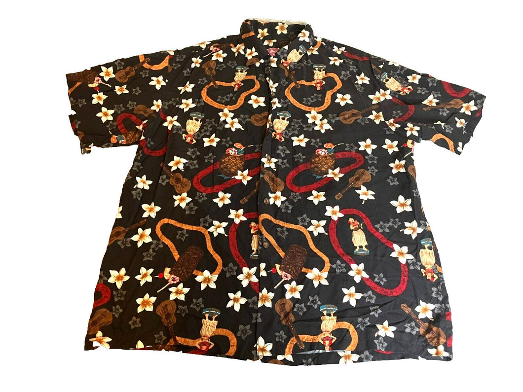 Island Moments Emme Shirt Adult Large Black Aloha Hawaiian Tiki Button Up Mens