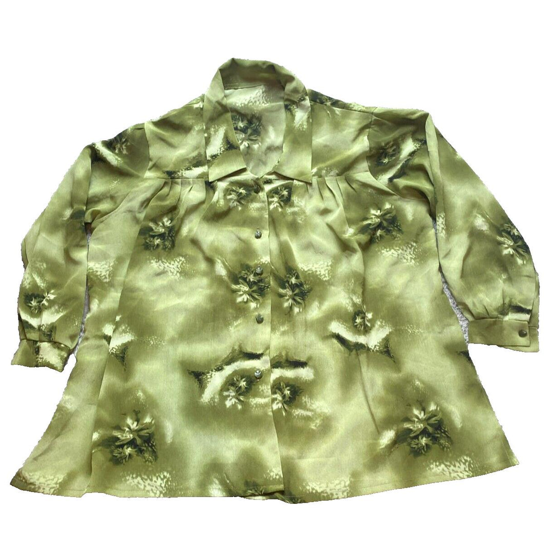 Handmade Shirt Womens 3X Green Button Up AOP Peasant Boho Whimsical Plus Ladies