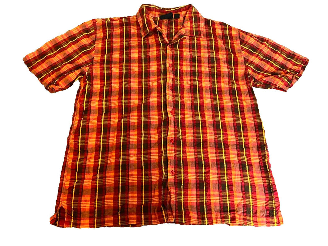 Anxious Shirt Adult Large Red Orange Yellow Plaid Button Up Colorful Camp Mens