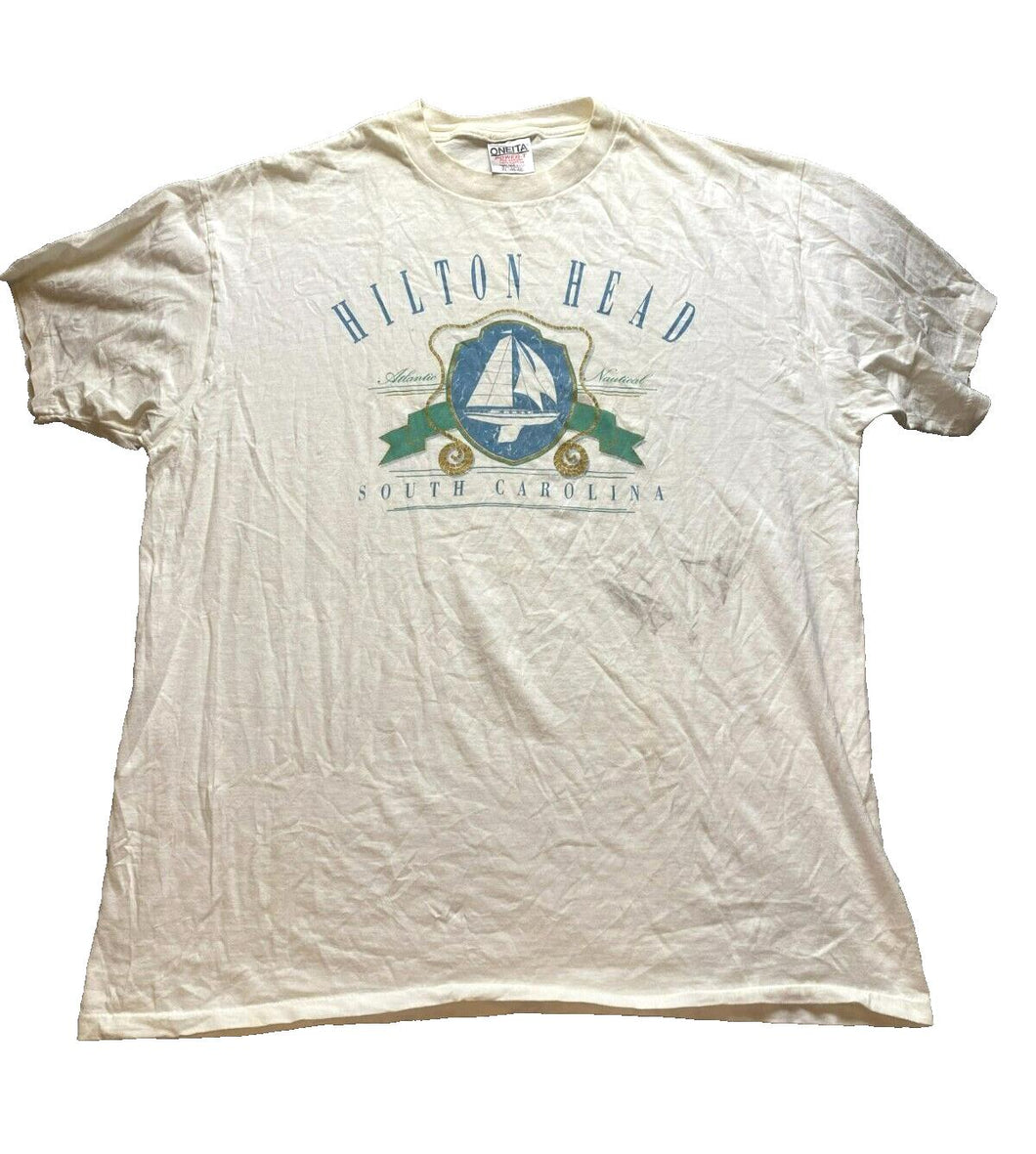 VTG Hilton Head Shirt Adult Extra Large Beige Single Stitch Sailing Boat 90s Men