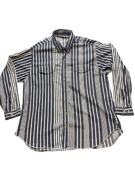 Button Up Shirt Adult Mens 2XL XXL Denim White Striped Flap Pockets Casual Mens