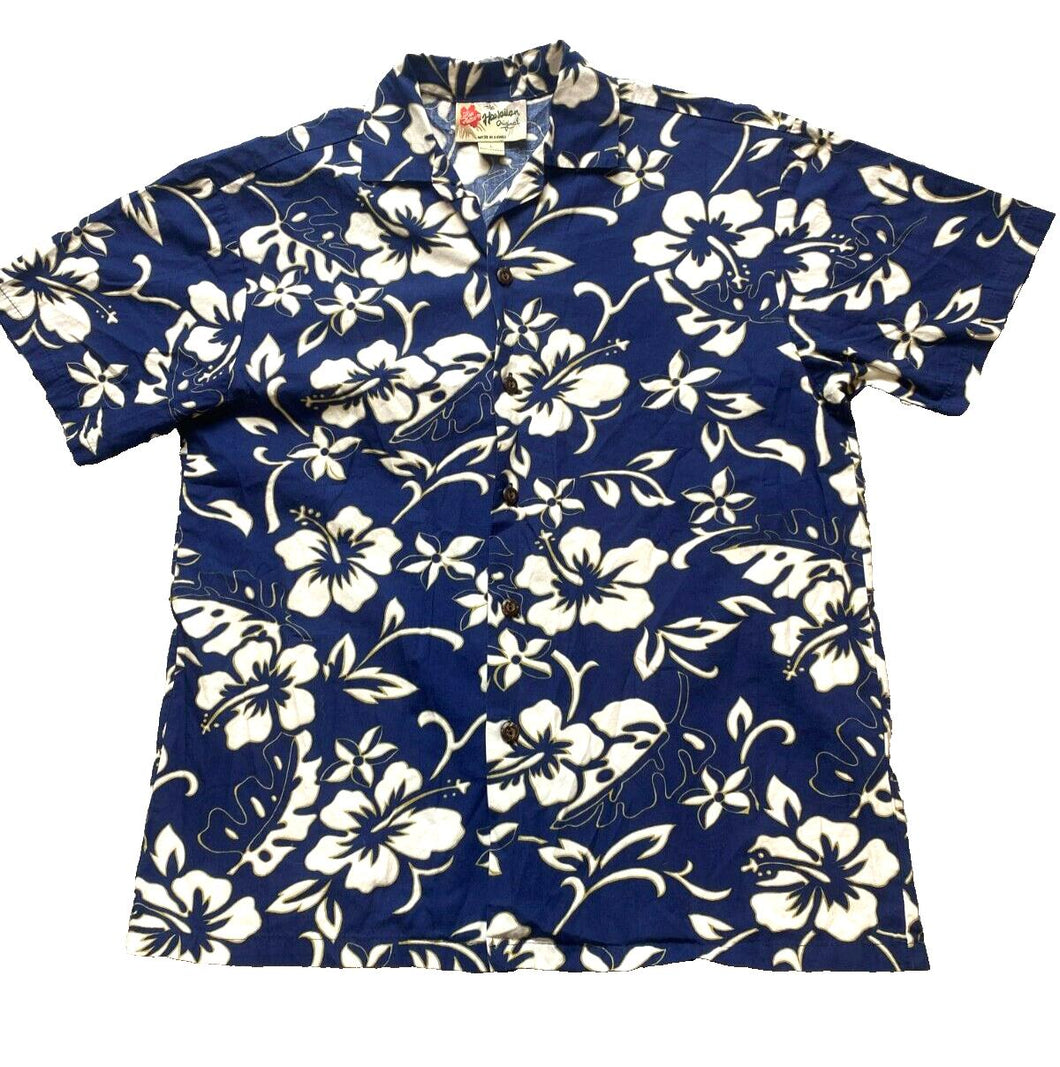 VTG Hilo Hattie Shirt Adult Large Navy AOP Flower Button Up Hawaiian Aloha Mens