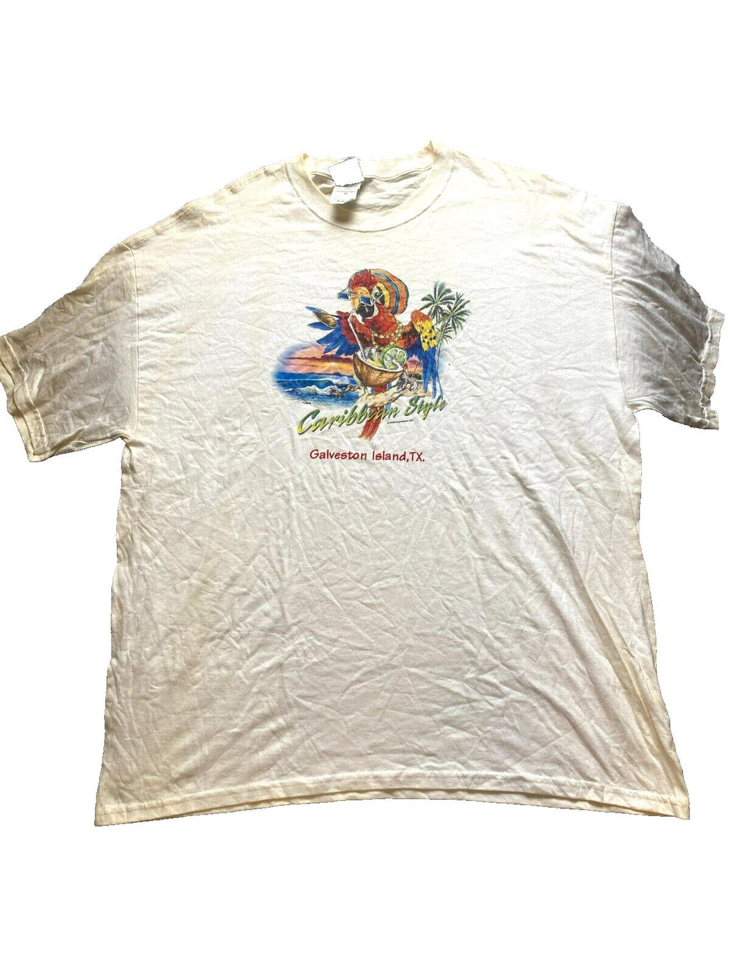 VTG Parrot Shirt Adult Extra Large Dingy White Caribbean Galveston Island Mens