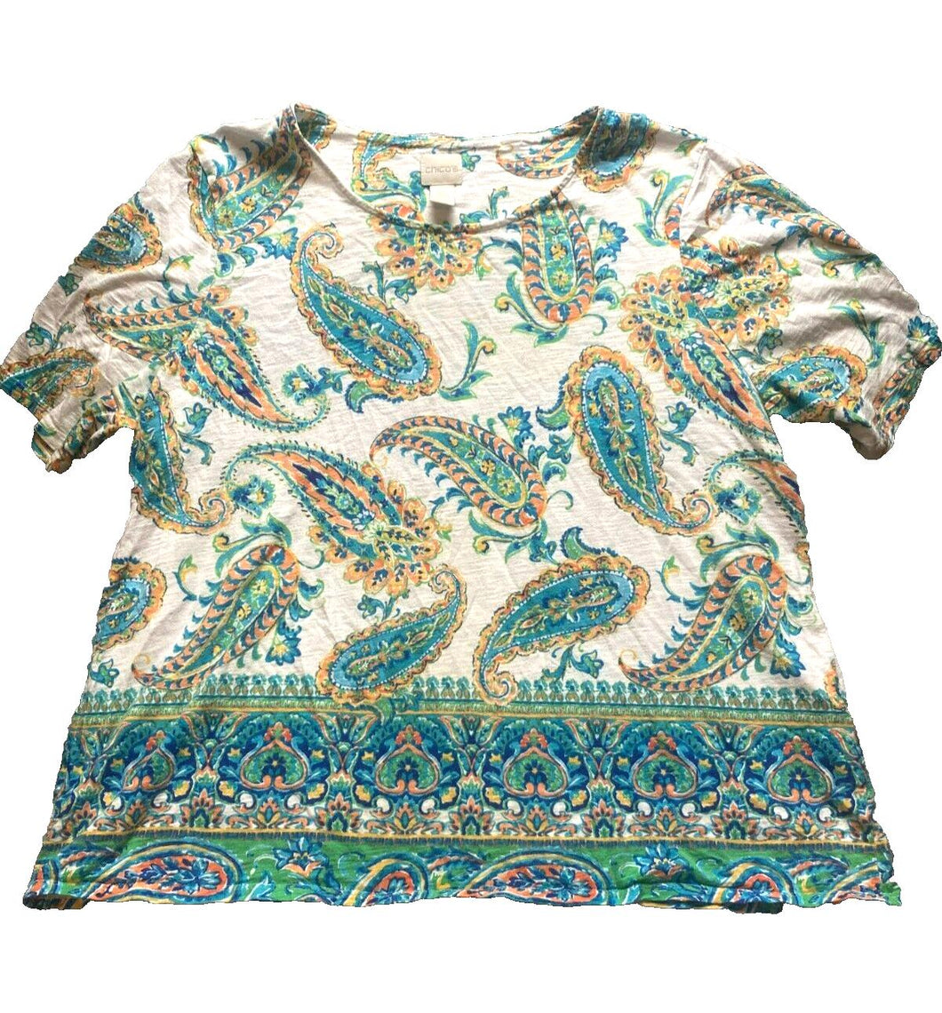Chicos Shirt Womens 3 AOP Paisley Blouse Flowy Peacock Plus Ladies
