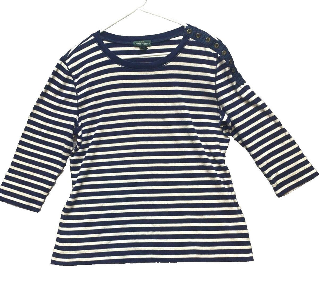 Lauren Ralph Lauren Shirt Womens Extra Large Navy Ivory Stripes Buttons Blouse