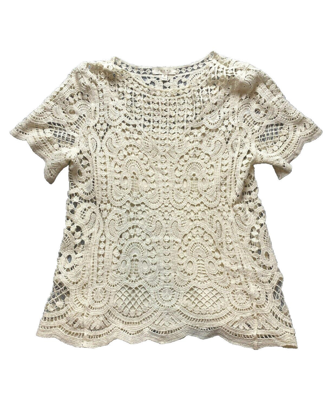 Adiva Shirt Womens Medium Beige Crochet Open Knit Boho Peasant Lined Blouse