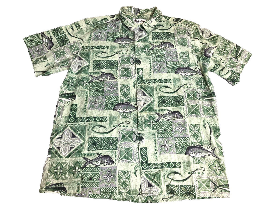 Howie Shirt Adult Extra Large Green Button Up AOP Ocean Fish Hawaiian Aloha Mens