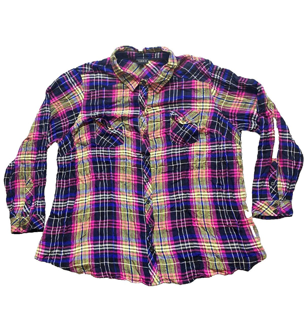 Torrid Shirt Womens 3 3X Pink Yellow Plaid Button Up Rayon Casual Plus Ladies