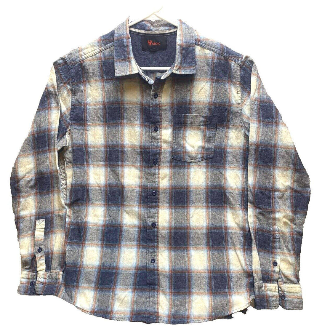 STOIC Shirt Adult Large Blue Ivory Button Up Flannel Plaid Pocket Casual Mens