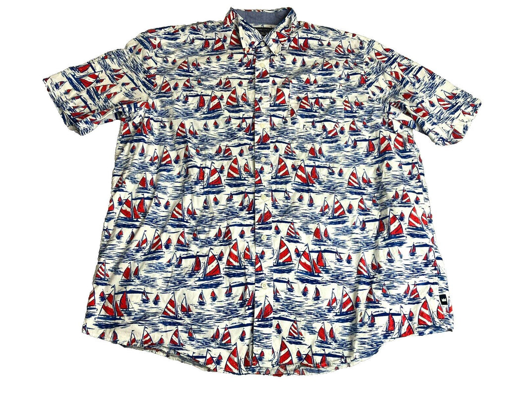 Crown & Ivy Shirt Adult XLT Extra Large Tall White AOP Boat Sailing Hawaiian Men