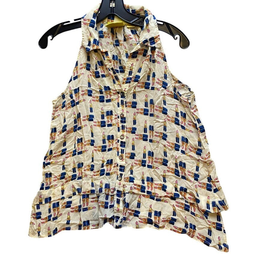 Maeve Anthropologie Shirt Womens 0 Sleeveless Button Down Lipstick AOP Collar