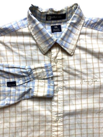 Sean John Shirt Adult 2XL XXL Blue Taupe Plaid Button Up Embroidered Casual Mens