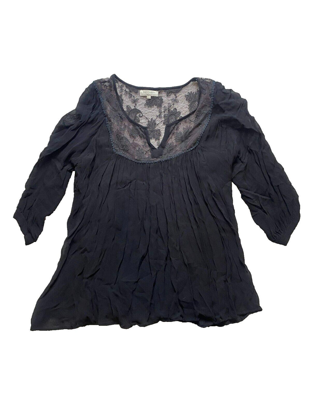 World Market Shirt Womens Large/XL Black Sheer Trim Lagenlook Flowy Boho Blouse