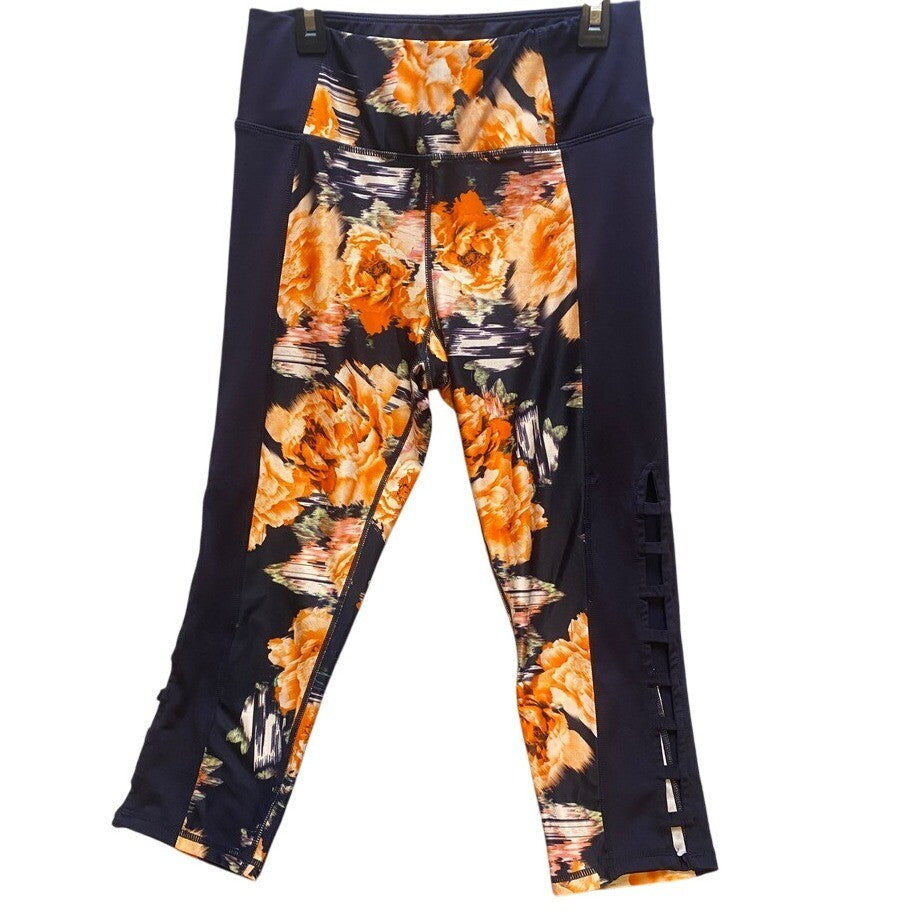 Betsey Johnson Leggings Womens Medium Floral Capri Cutout Athleisure Athletic