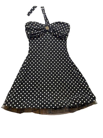 Blondie Nites  Pin-Up Dress Womens 11 Black White Polkadots Halter Cocktail Lady