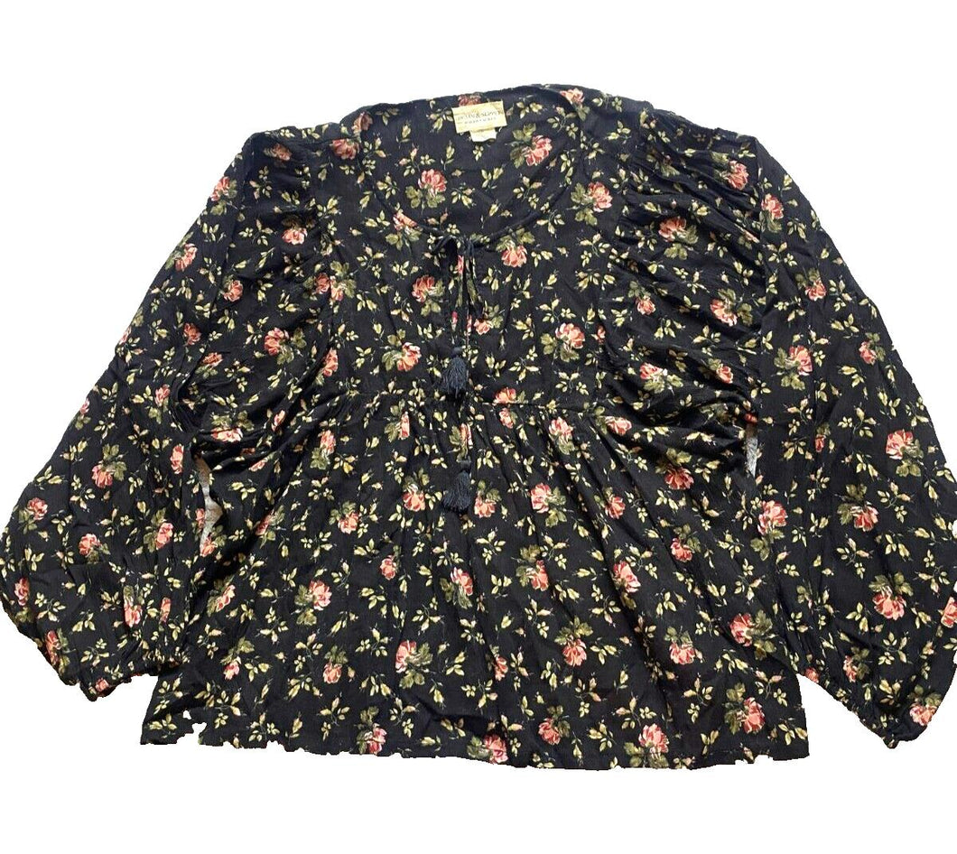 Ralph Lauren Denim Supply Shirt Womens Large Black Boho Tasseled Flowy Blouse