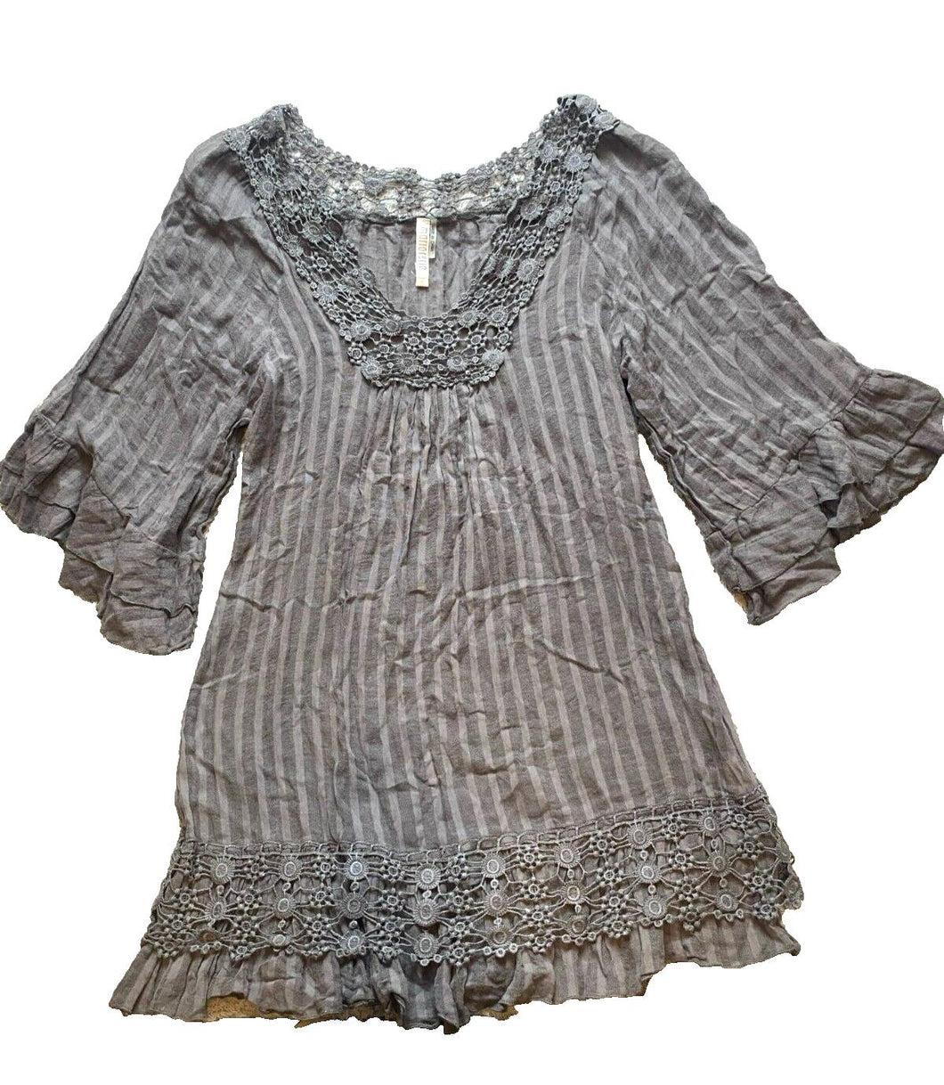 Monoreno Dress Womens Medium Gray Crochet Lace Ruffle Boho Peasant Hippie Ladies