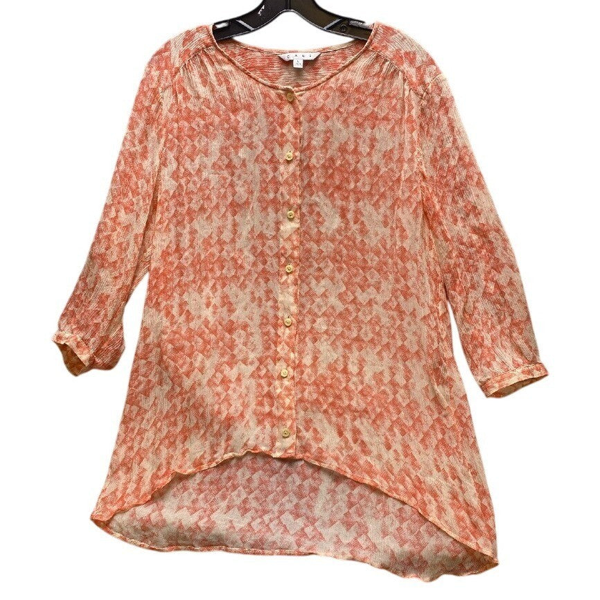 Cabi Blouse Womens Large Button Down Silk Tunic High Low Hem Geometric Sheer