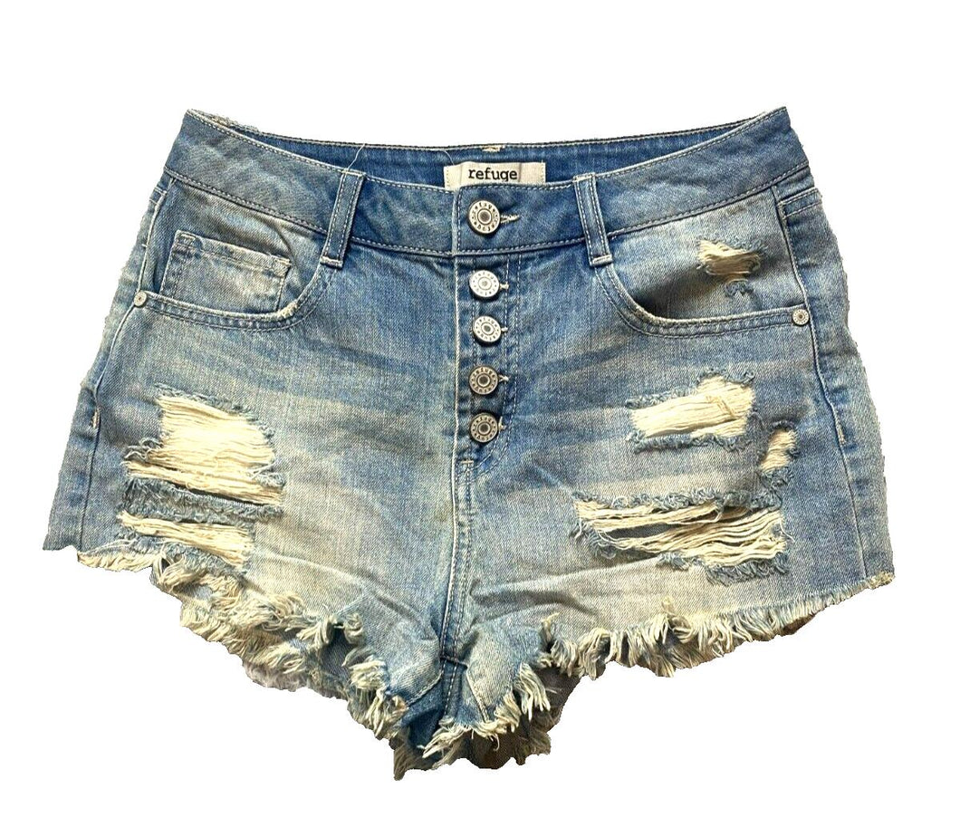 Refuge Shorts Womens 2 (28x2) Blue Denim Button Fly Rayon Spandex Distressed