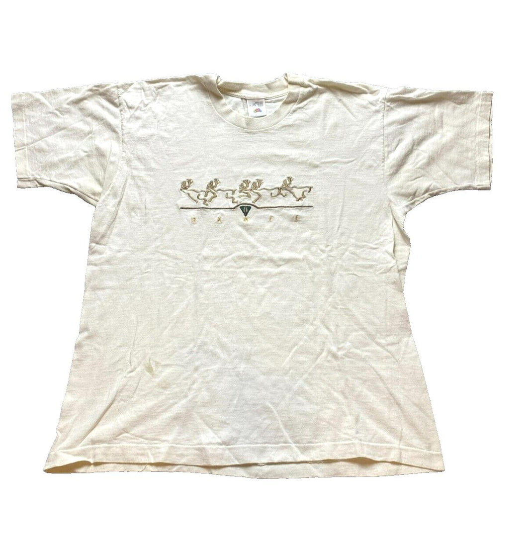 VTG BANFF Shirt Adult Extra Large Beige Embroidery Reindeer Single Stitch Mens