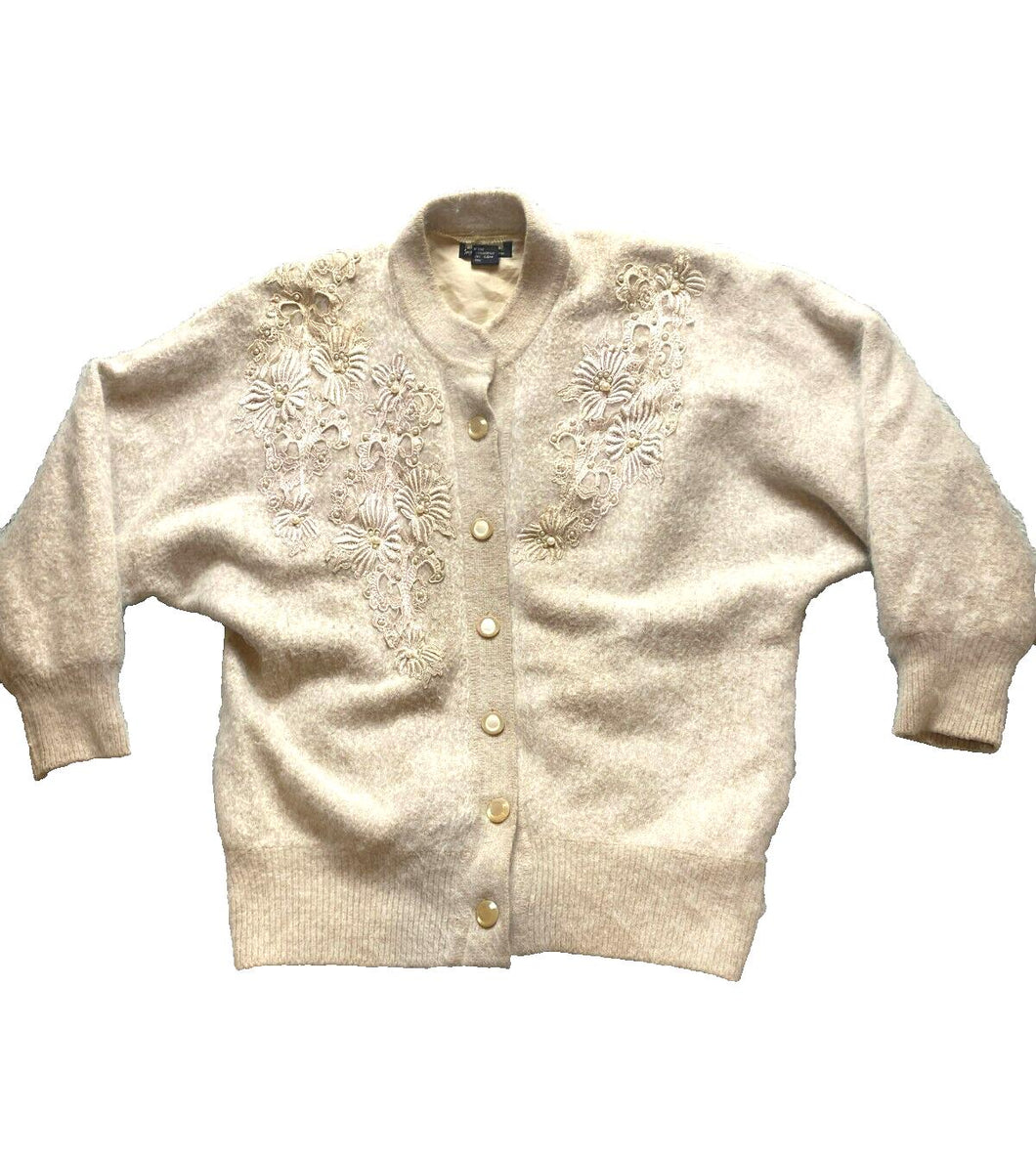 Angora Sweater Womens Small Beige Button Up Cardigan Embroidery Pearl Beaded