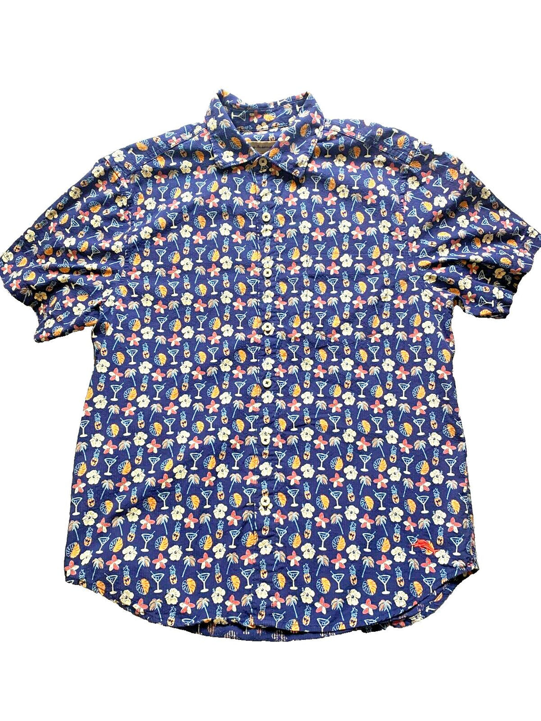 Tommy Bahama Shirt Adult Medium Button Up AOP Cocktail Drinks Floral Aloha Mens