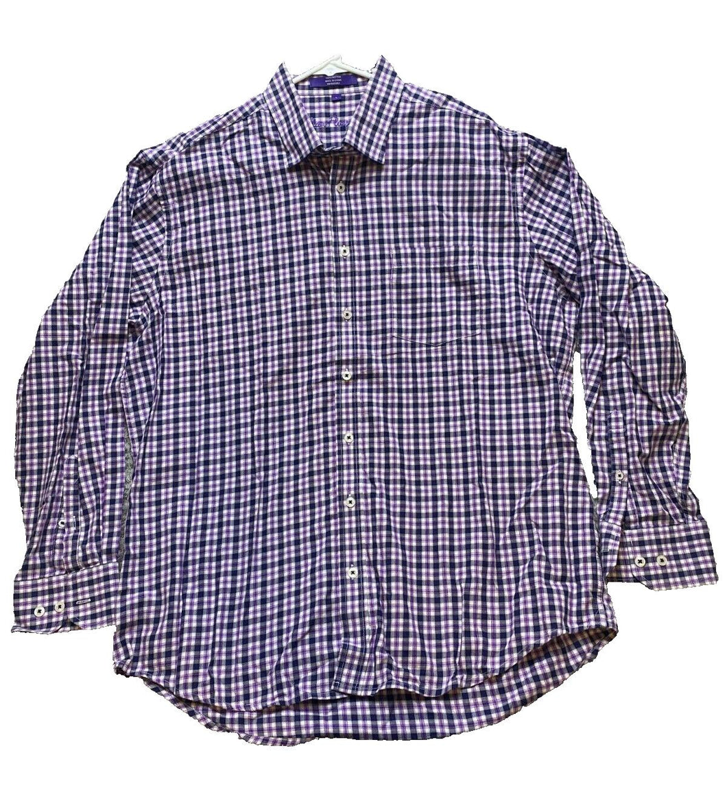 Allan Flusser Shirt Adult Large Purple Button Up Grid Checkered Embroidery Mens