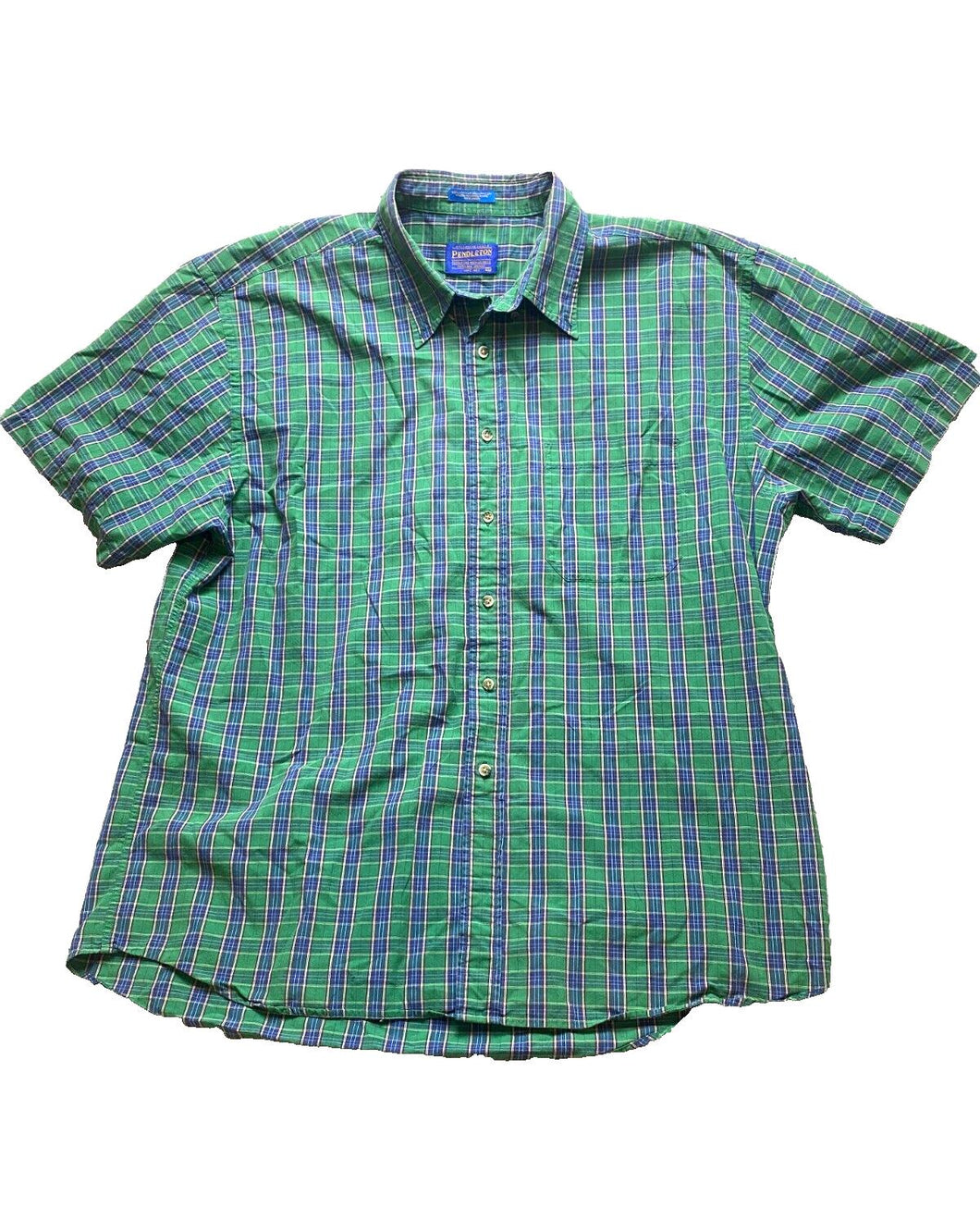 Pendleton Shirt Adult Extra Large Blue Green Plaid Woolen Mills Button Up Mens