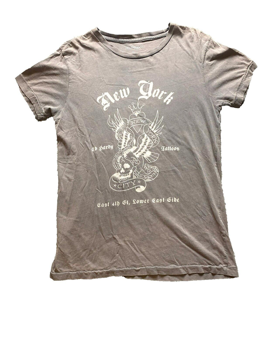 VTG Ed Hardy Shirt Adult Small Gray Fade New York City Tattoo Single Stitch Y2K