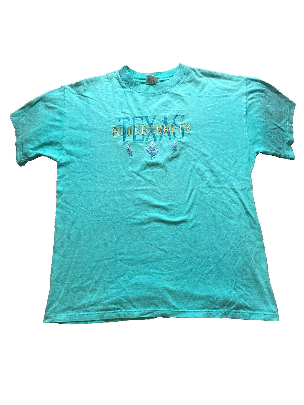 VTG Texas Bluebonnets Shirt Womens Large Teal Green Embroidered Flower USA Lady