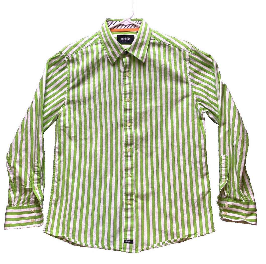 Nick It Shirt Adult Medium Green White Striped Button Up Casual Collared Mens