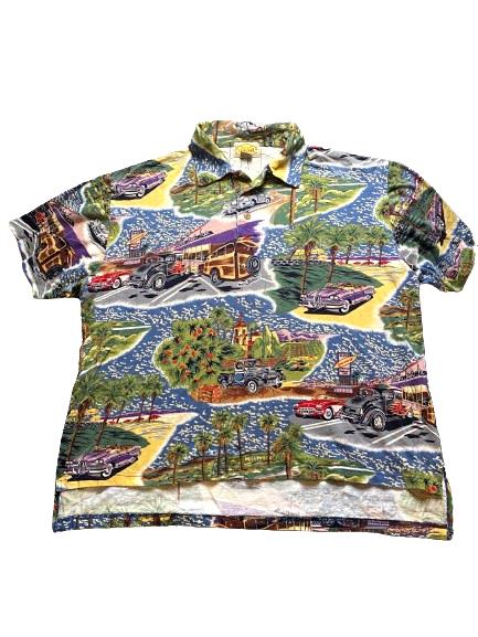 VTG Reyn Spooner Shirt Adult Medium Rainbow AOP Hollywood Hot Rod Hawaiian Mens