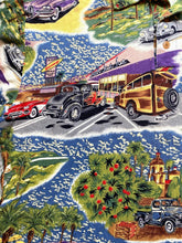 Load image into Gallery viewer, VTG Reyn Spooner Shirt Adult Medium Rainbow AOP Hollywood Hot Rod Hawaiian Mens
