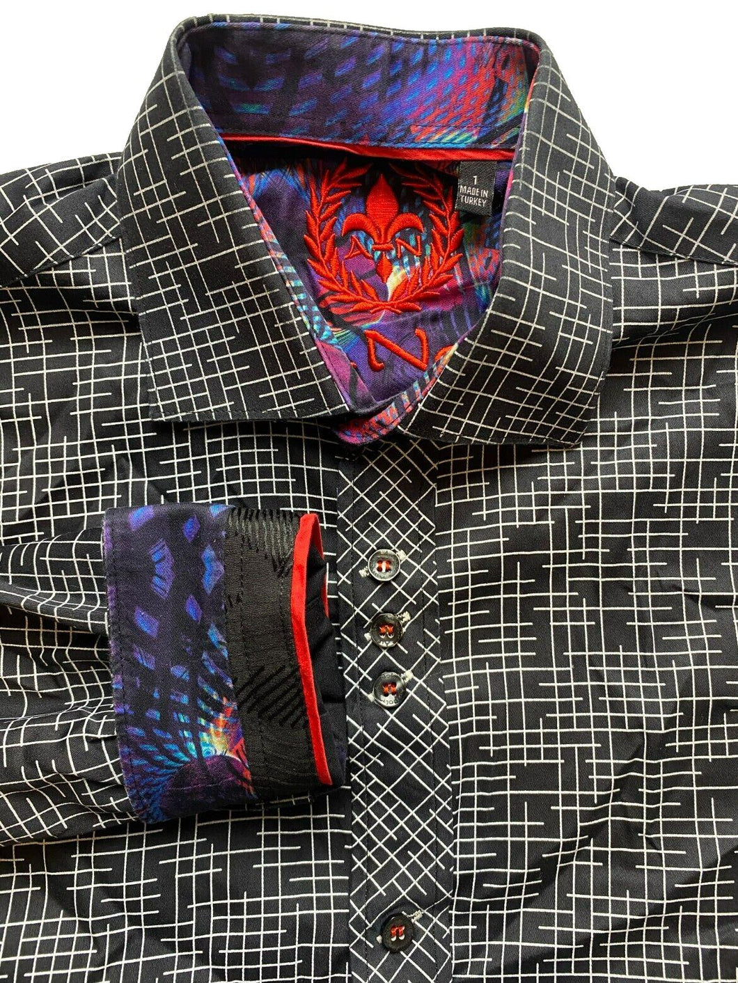 Au Noir Shirt Adult 1 Medium Black Embroidered Flip Cuffs Contrast Casual Mens