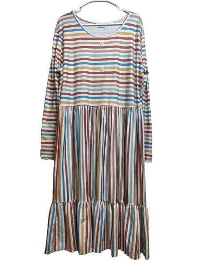 Marie Nicole Dress Womens 3XL XXXL Tan Blue Striped Tiered Lagenlook Maxi