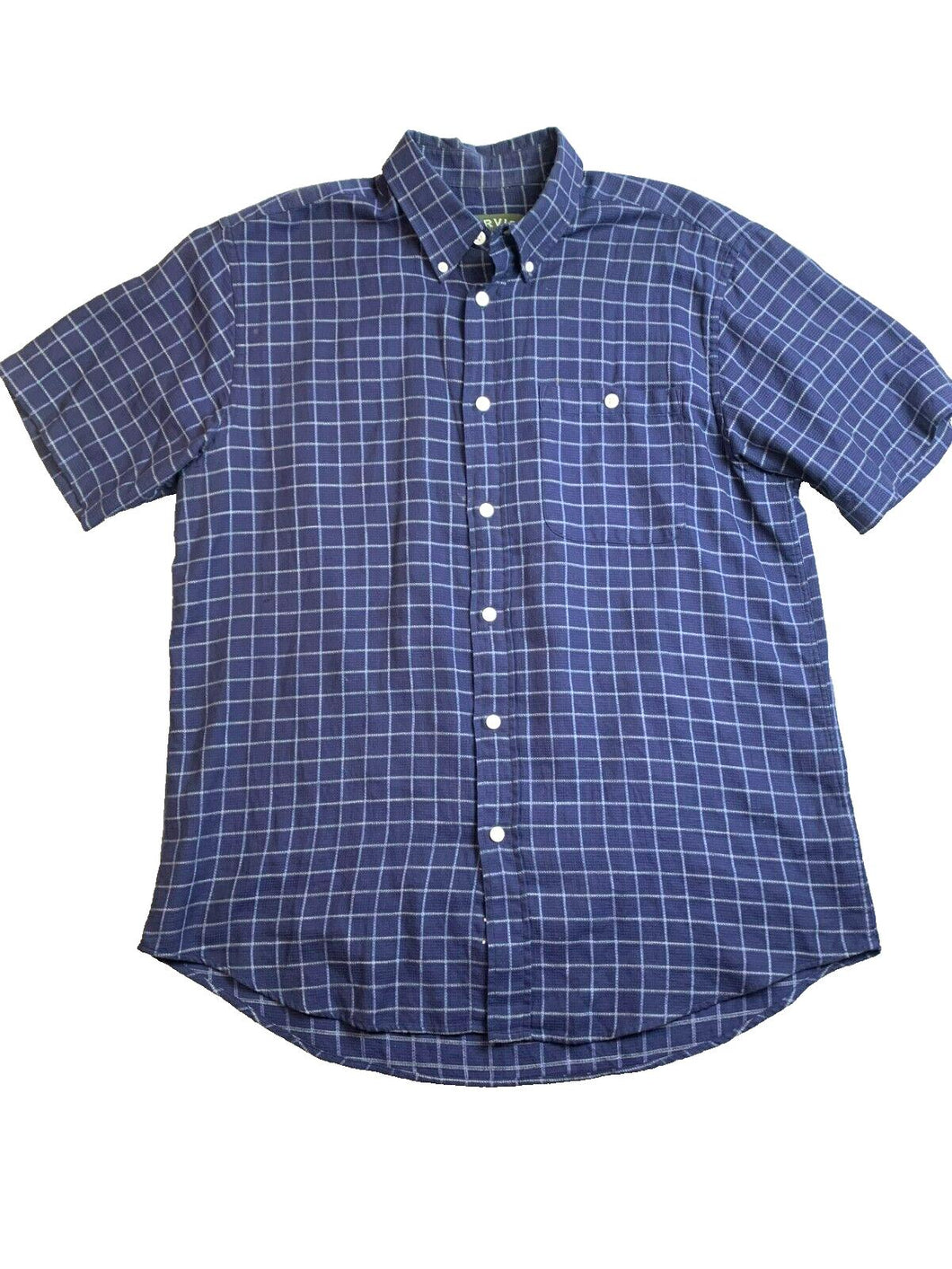 Orvis Shirt Adult Large Navy Blue Windowpane Button Up Casual Pocket Mens