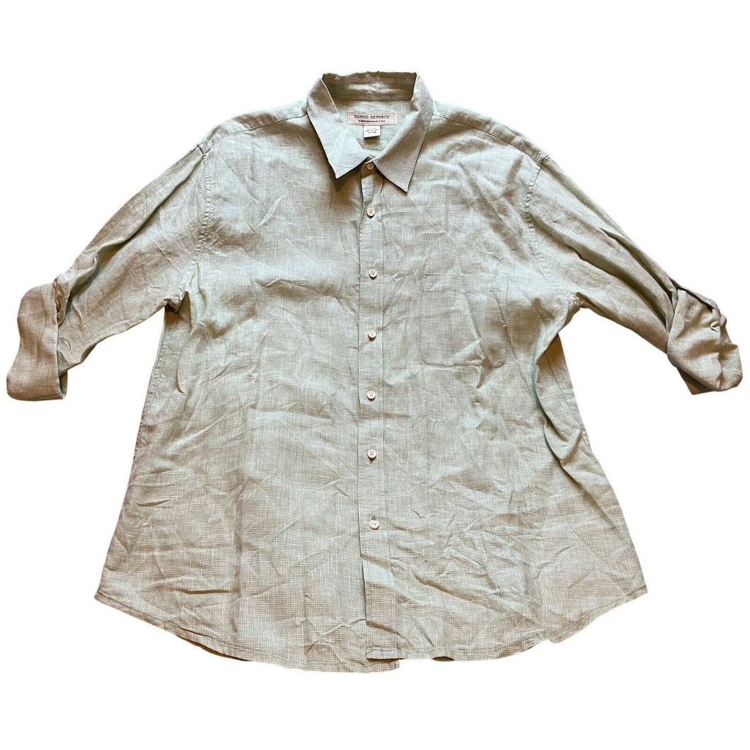 Island Republic Shirt Mens Extra Large Sage Green Linen Button Down Checkered