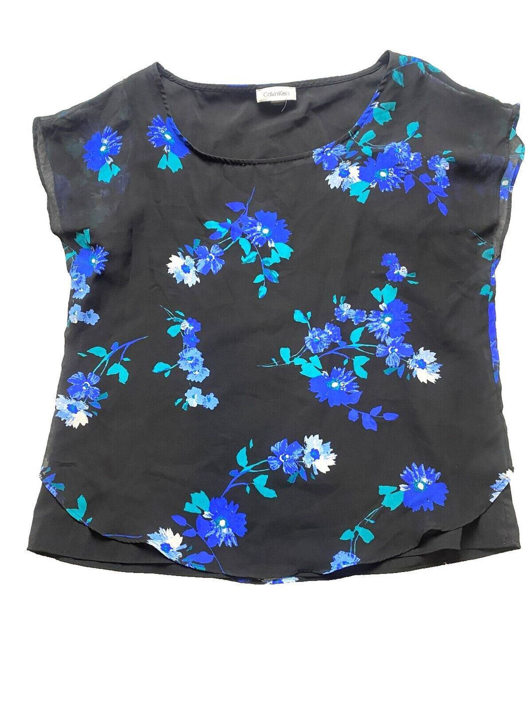 Calvin Klein Shirt Womens Large Black Blue AOP Floral Boho Lined Blouse Boxy