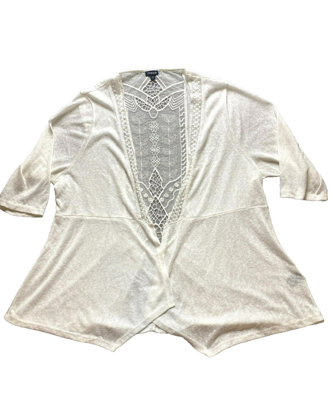 Torrid Sweater Womens 4 4X Ivory Open Front Cardigan Mesh Hippie Boho Nylon Plus