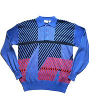 Load image into Gallery viewer, Phases Sweater Adult Large Blue Collared Acrylic Geometric Knits Outerwear Mens

