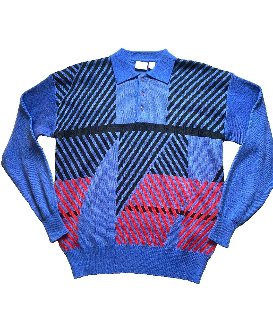 Phases Sweater Adult Large Blue Collared Acrylic Geometric Knits Outerwear Mens