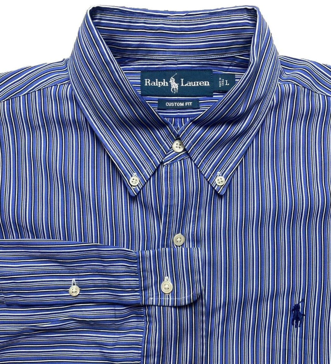 Ralph Lauren Shirt Adult Large Blue Striped Custom Fit Button Up Casual Mens