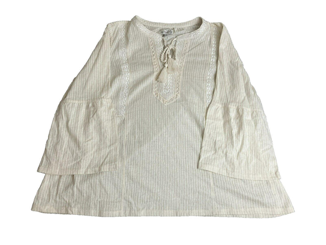 Wonderly Shirt Womens Large Off White Boho Hippie Oversized Tasseled Blouse Lady