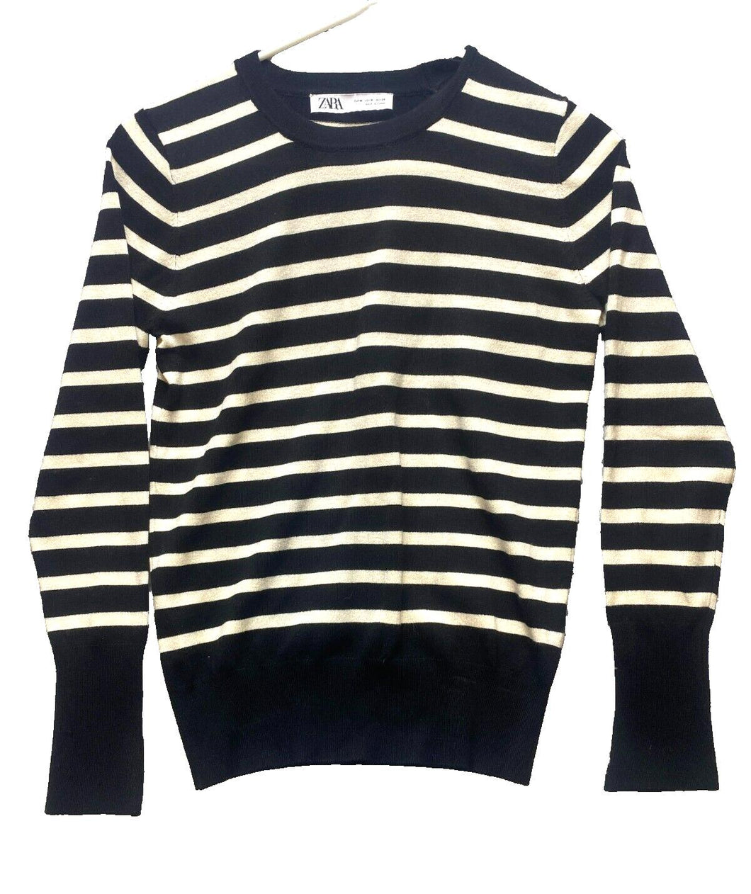 ZARA Sweater Womens Medium Black Taupe Striped Pullover Outerwear Knitted Ladies