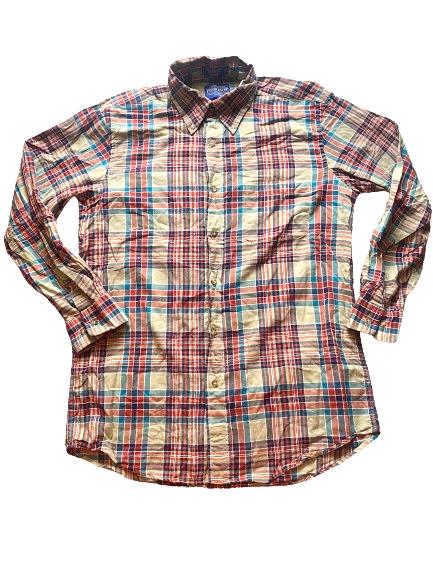 Pendleton Shirt Adult Large Beige Red Blue Oceanside Woolen Mills Madras Mens