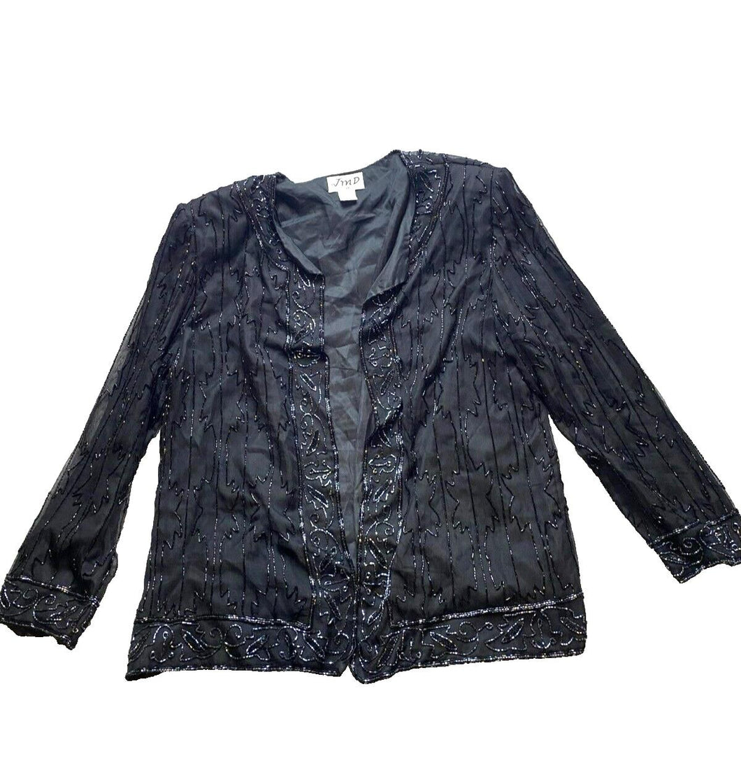 JMD New York Jacket Womens 2XL Silk Sequins Beaded Open Front Blazer Cardigan